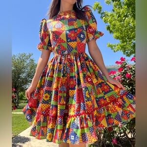 70s Vintage Colorful Patchwork Print Prairie Square Dance Dress